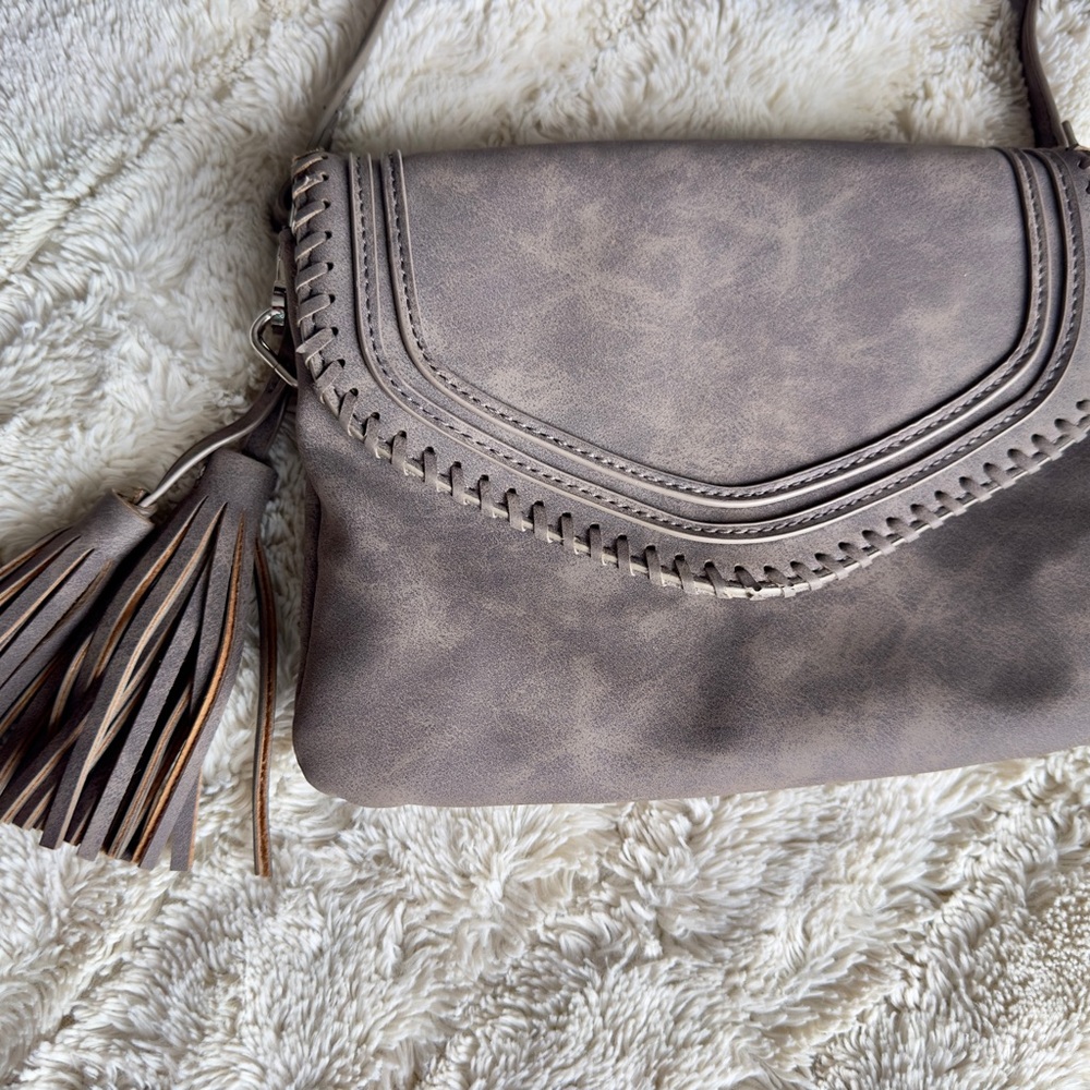 Stylish Taupe Crossbody Bag with Tassels